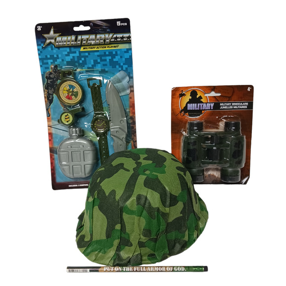 Halloween Kids Army Costume Toy Kit Helmet Canteen Compass Binoculars Survival - Picture 16 of 16